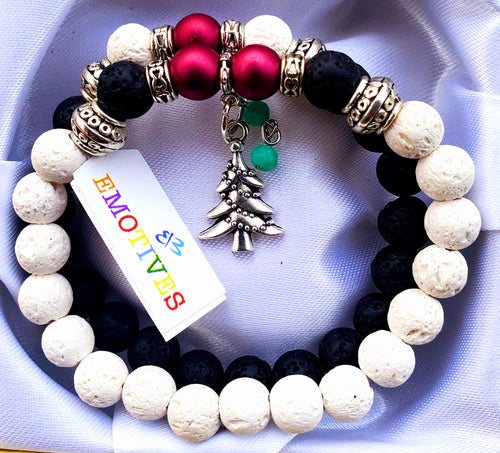 2 Piece Handmade Bracelet Set with Lave Beads and a Christmas Tree Charm